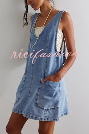 Solid Color Sleeveless V-neck Pocket Adjustable Denim Suspender Mini Dress