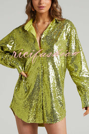 Solid Color Sequined Long-sleeved Casual Mid-length Loose Shirt