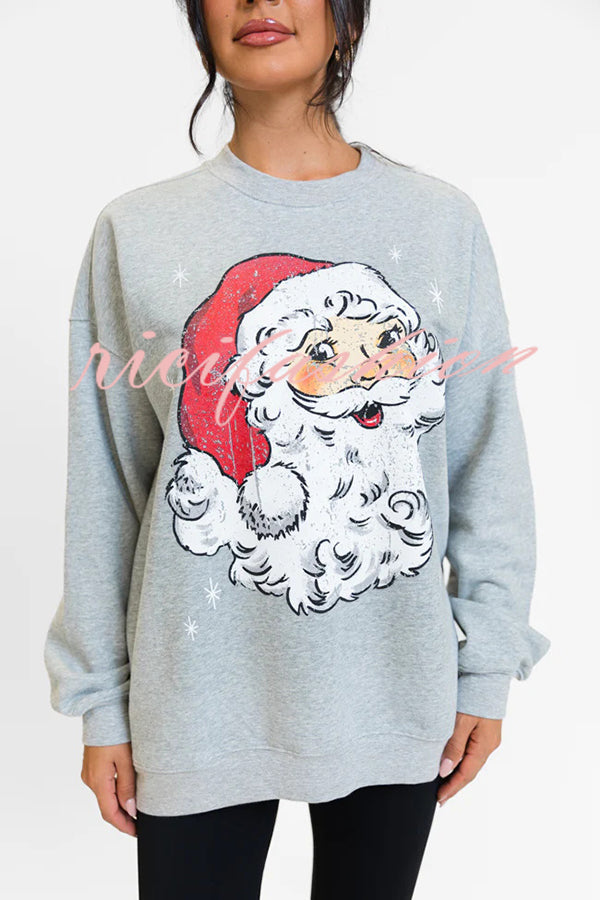 Christmas Cartoon Santa Claus Print Long Sleeve Loose Sweatshirt