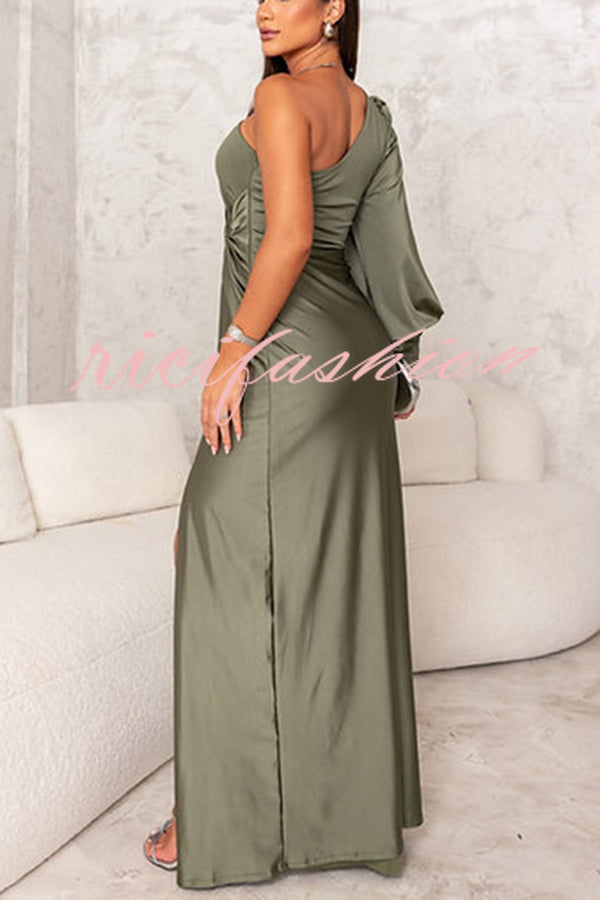 Country Party Charm Satin One Shoulder Twist Detail Slit Maxi Dress