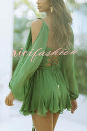 Worthy of Praise Chiffon Long Balloon Slit Sleeve Back Lace-up Mini Dress