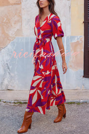 Unique Printed V-neck Puff Sleeves Tie Waist Midi Dress