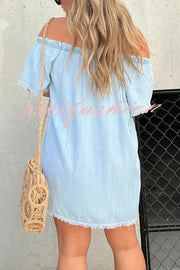 Fashionable Off Shoulder Short-sleeved Loose Denim Mini Dress