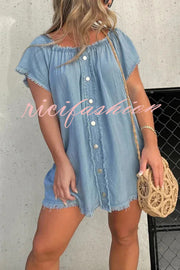 Fashionable Off Shoulder Short-sleeved Loose Denim Mini Dress