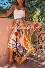 Summer Destination Satin Unique Print Elastic Waist Irregular Hem Maxi Skirt