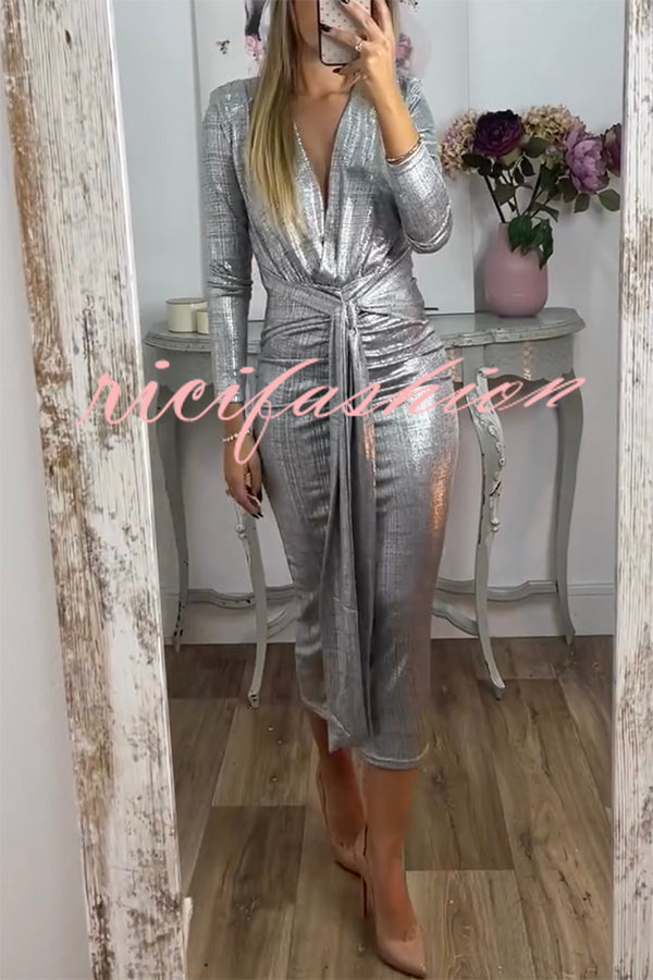 Shiny Lady Metallic Fabric Padded Long Sleeve Tie-up Ruched Midi Dress