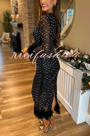 Sexy Long Sleeve Round Neck Feather Edge Rhinestone Decoration Slim Fit Maxi Dress