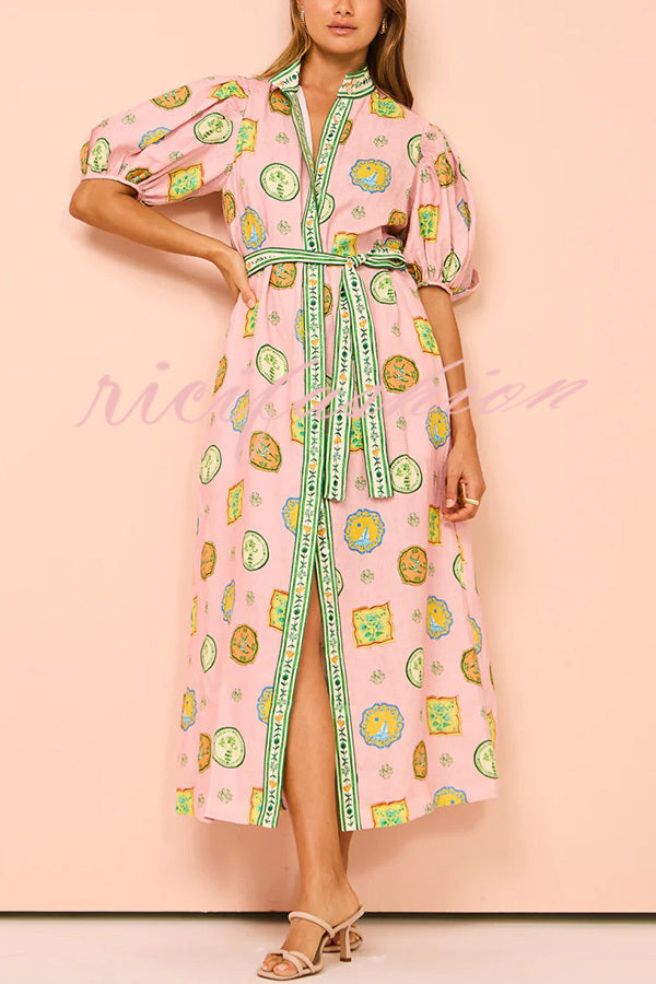 Orla Unique Print Balloon Sleeves Printed Belt Pocket Midi Dress