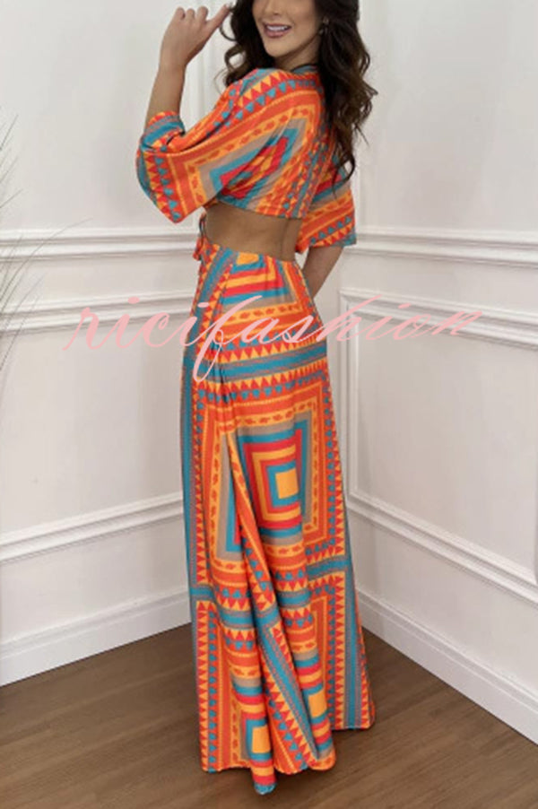 Wilma Unique Print Cutout Elastic Waist Tie-up Kimono Sleeve Maxi Dress