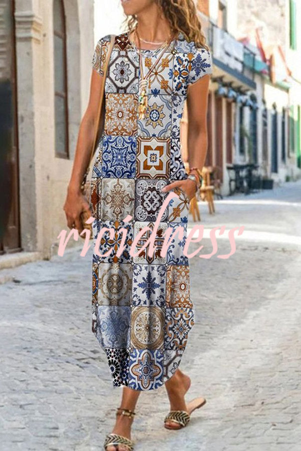 Ada Ethnic Floral Pocketed Daily /vacation Stretch Midi Dress