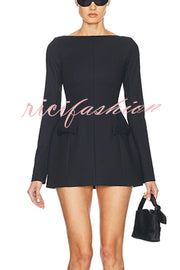 Budding Elegance Bow Detail Boat Neck Long Sleeve Mini Dress