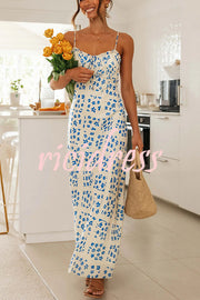 Starry Floral Print Lace Up Pleated Patchwork Zip Back Maxi Dress