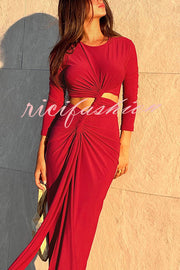 Solid Color Round Neck Long Sleeve Sexy Exposed Waist Slit Maxi Dress