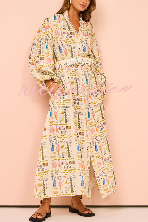 Country Cutie Unique Print Long Sleeve Belted Pocket Shirt Maxi Dress