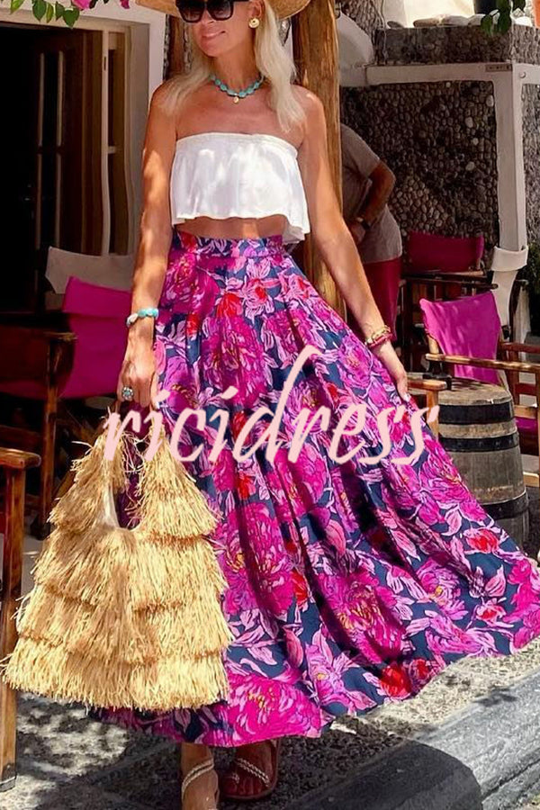 Floral Fantasy Printed High Rise  Back Elastic Waist Maxi Skirt