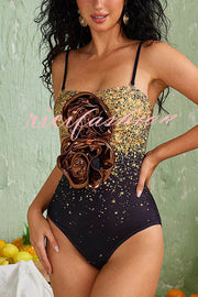 Ombre Sequin Print Metallic Fabric Flower Embellished Stretch One-piece Swimsuit