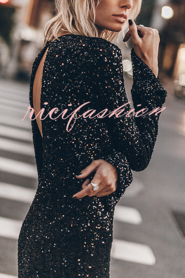 Ignite Sparkly Nights Sequin Extra Long Sleeve Open Back Loose Midi Dress