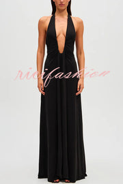 Sexy Silhouette Deep U-neck Halter Waterfall Sash Drape Maxi Dress