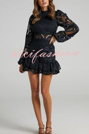 Solid Color Hollow Long-sleeved Waisted Lace Mini Dress