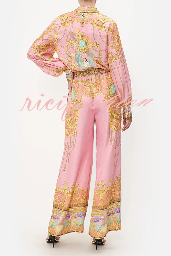 Mermaid Motel Unique Print Long Sleeve Loose Shirt and Elastic Waist Pants Set