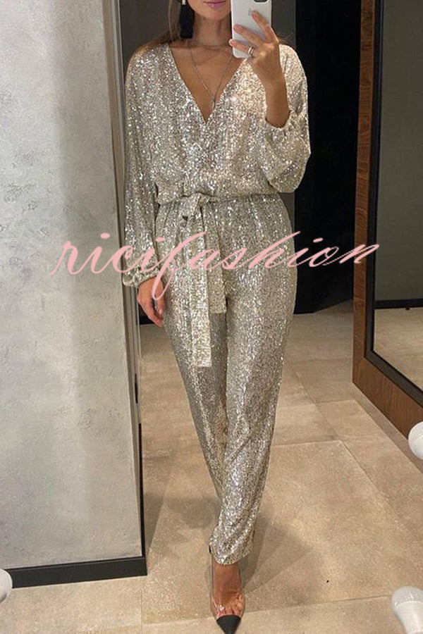 Cheers To You Sequin Long Sleeve Belted Wrap Loose Jumpsuit