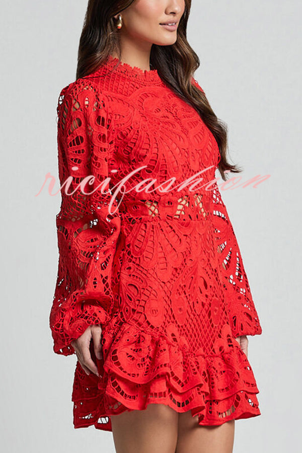 Solid Color Hollow Long-sleeved Waisted Lace Mini Dress