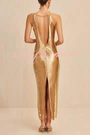 Sexy Allnight Metallic Halterneck Backless Fringed Slit Maxi Dress