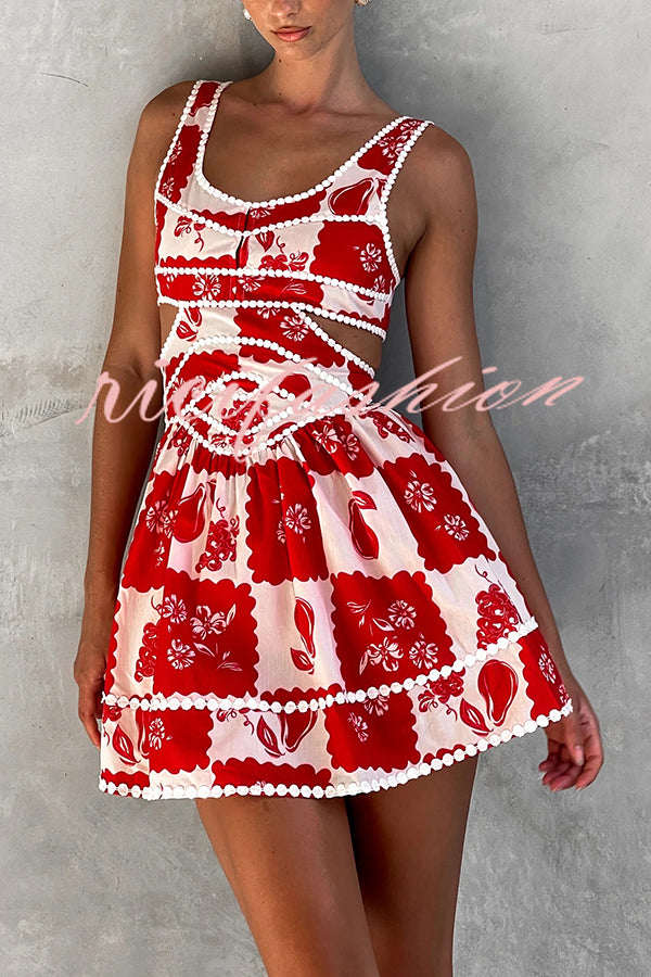 Holiday Colors Ric Rac Trims Unique Print Cutout Round Neck Mini Dress