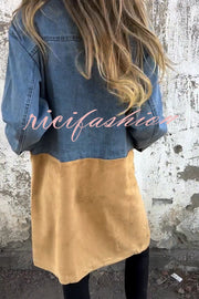 Fashion Lapel Long Sleeve Pocket Mid-length Denim Patchwork Jacket