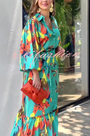 Multicolor Printed Lapel Balloon Sleeves Tie-waist Maxi Dress