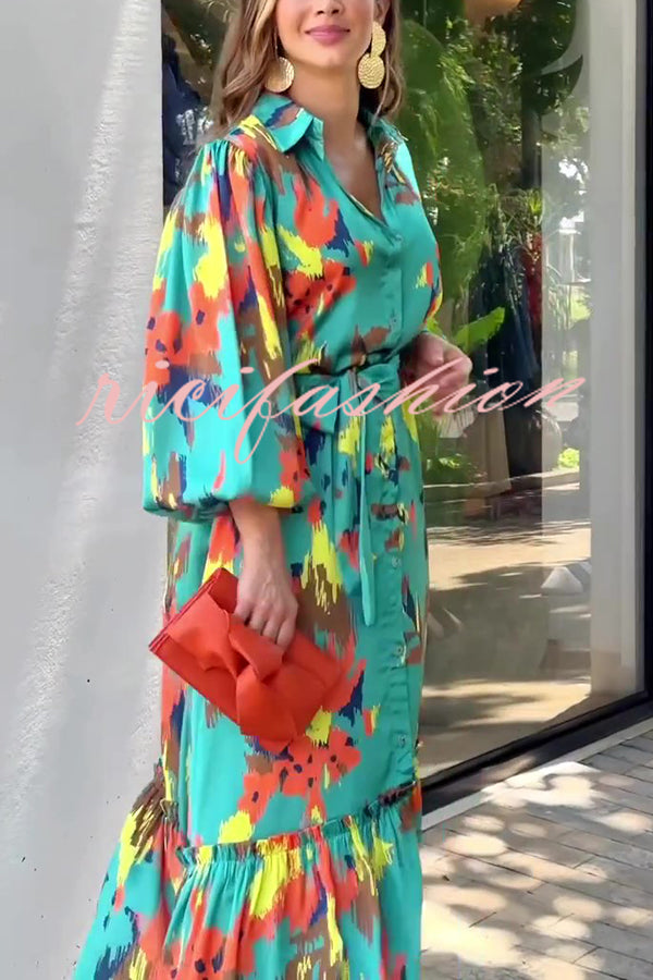 Multicolor Printed Lapel Balloon Sleeves Tie-waist Maxi Dress