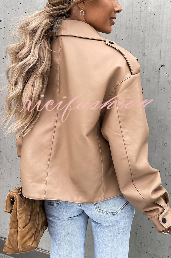 Stylish Leather Lapel Pocket British Style Cropped Jacket