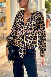 Janae Leopard Print Front Tie-up Lantern Sleeve Casual Blouse