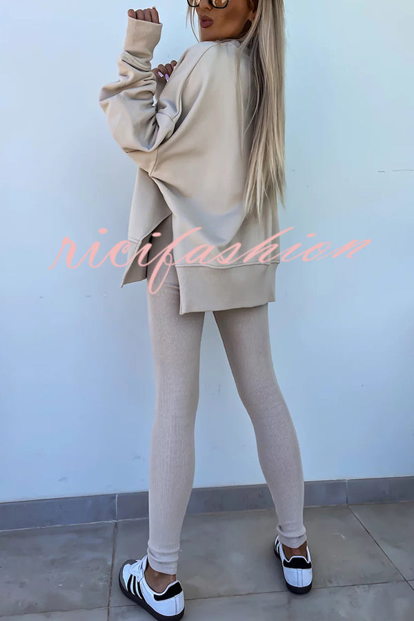 Solid Color Loose Long Sleeve SlitSweatshirt and Elastic Waist Tight Pants Set