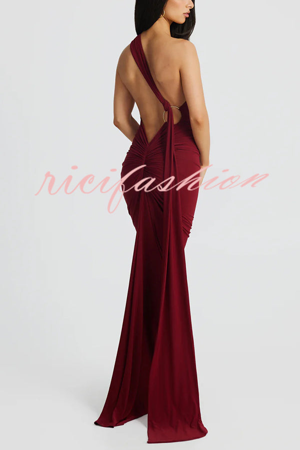 Sexy Backless Pleated Slim Solid Color Sleeveless Elegant Maxi Dress