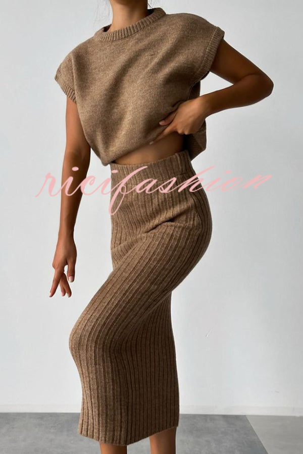 Triko Knit Short Sleeve Sweater and Stretch Ribbed Midi Skirt Set