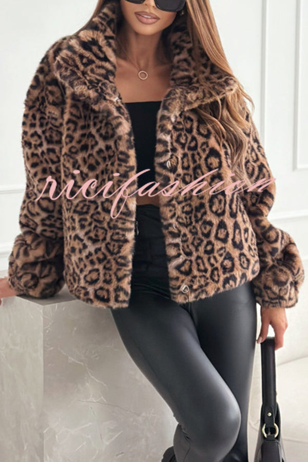 Stylish Leopard Print Lapel Long Sleeve Short Coat