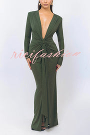 Solid Color Shiny Sexy V-neck Long Sleeve Ribbon Slit Slim Fit Maxi Dress