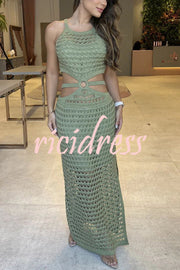 Stunning Gaze Knit Texture Ring Side Waist Cutout Stretch Maxi Dress