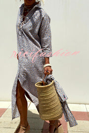 Summer Splendor Printed Button Half Sleeve Belt Loose Shirt Midi Dress