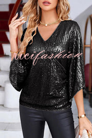 Solid Color Sequined V-neck Hollow Sleeve Slim Fit Top