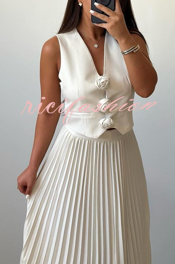 Stylish Rosette Sleeveless Tank Top and Pleated Maxi Skirt Set