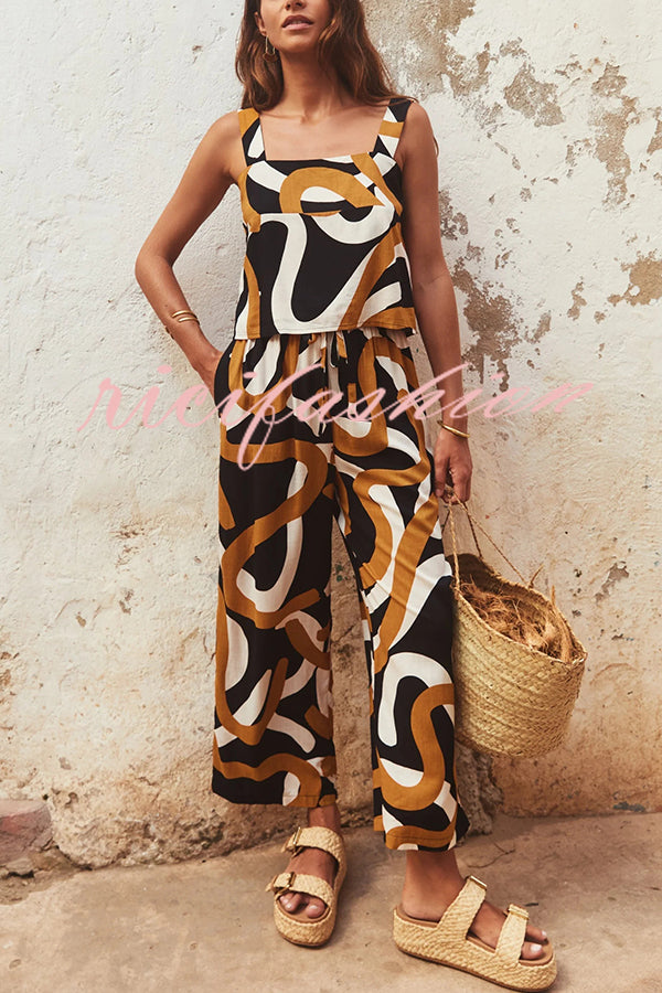 Printed Wide Straps Square Neck Tank and Pockets Elastic Waist Wide Leg Trousers Set