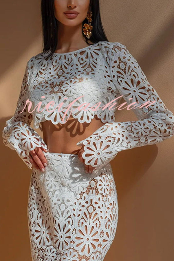 Balmy Summers Crochet Lace Floral Pattern Long Sleeve Crop Vacation Top