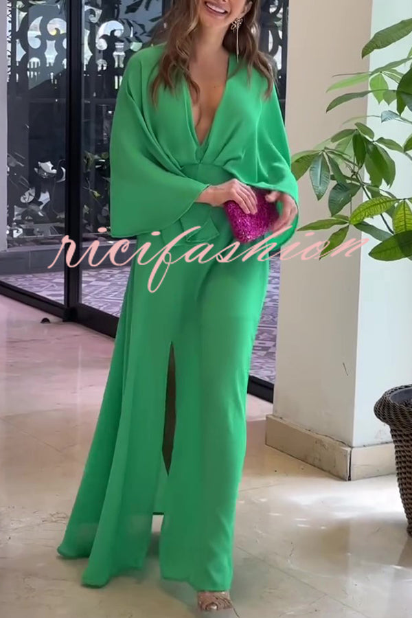 Solid Color V Neck High Waist Slit Casual Maxi Dress