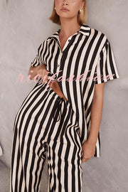 Erika Striped Casual Shirt and Elastic Waist Pocket Wide Leg Pants Set