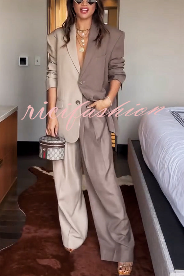 Girl Boss Avant-garde Contrast Colors Lapel Boyfriend Blazer and Pocketed Wide Leg Pants Set