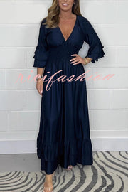 Solid Satin V-Neck Ruffle Sleeve Pleated Waist Maxi Dress