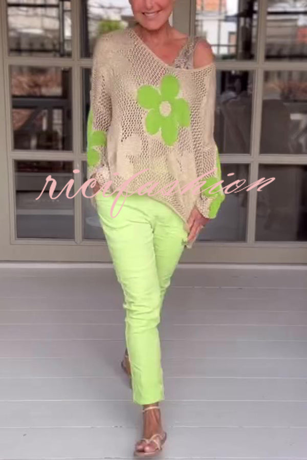 Embroidered Flower Hollow Long-sleeved Holiday Loose Knitted Top