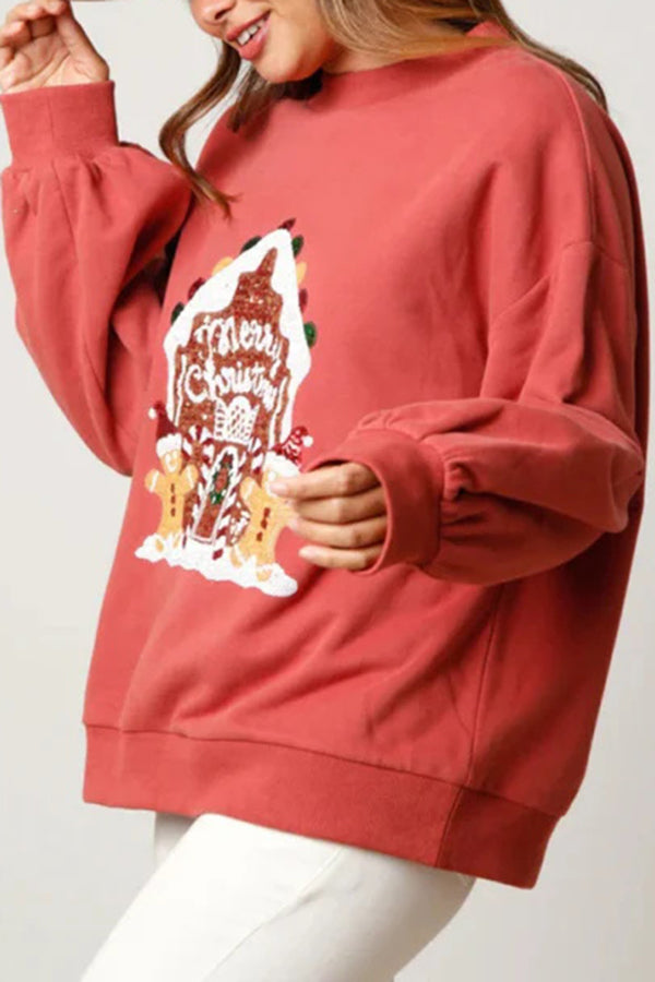 Christmas Candy House Sequined Casual Loose Sweatshirt